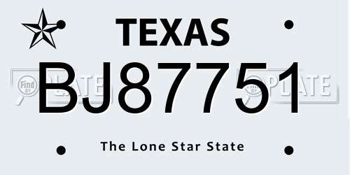 BJ87751 Texas License Plate