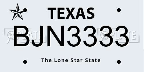 BJN3333 Texas License Plate