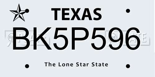 BK5P596 Texas License Plate