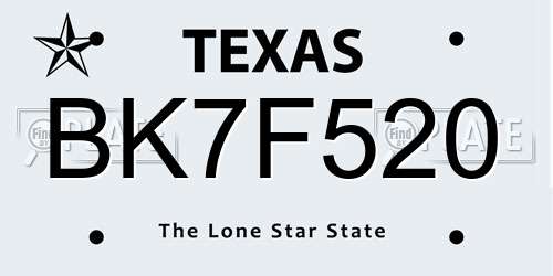 BK7F520 Texas License Plate