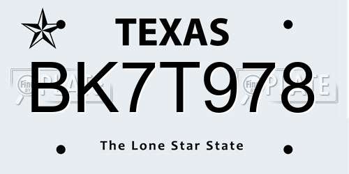 BK7T978 Texas License Plate