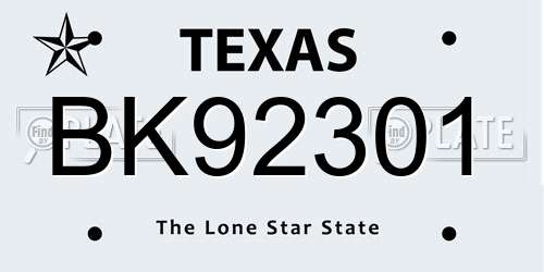 BK92301 Texas License Plate