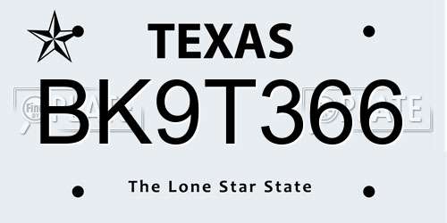 BK9T366 Texas License Plate
