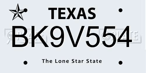 BK9V554 Texas License Plate