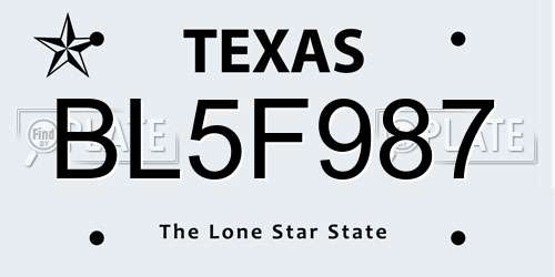 BL5F987 Texas License Plate