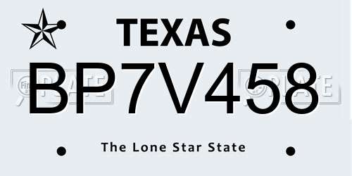 BP7V458 Texas License Plate