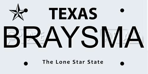 BRAYSMA Texas License Plate