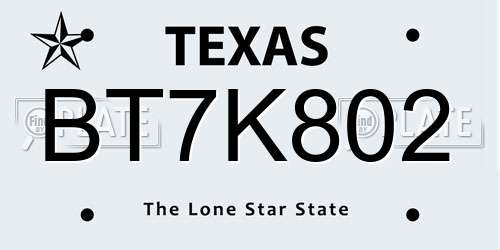 BT7K802 Texas License Plate