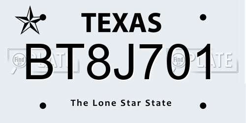 BT8J701 Texas License Plate