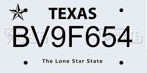 BV9F654 Texas License Plate