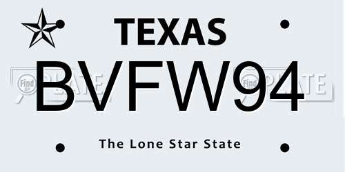 BVFW94 Texas License Plate