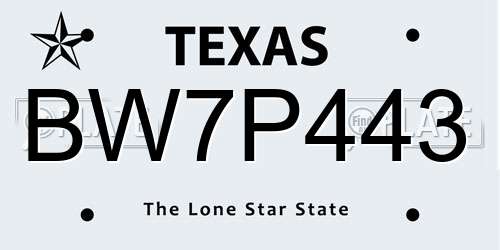 BW7P443 Texas License Plate
