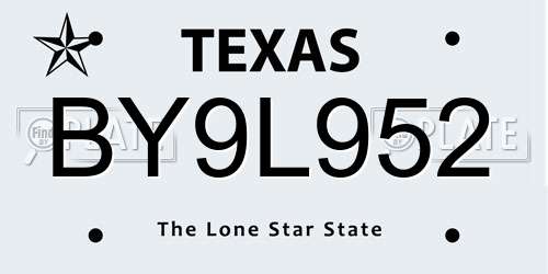 BY9L952 Texas License Plate