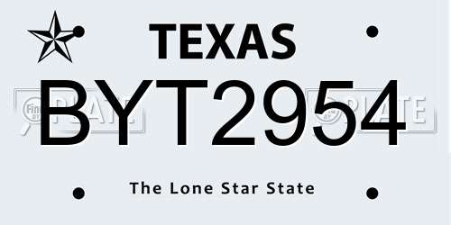 BYT2954 Texas License Plate
