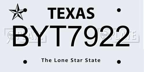 BYT7922 Texas License Plate