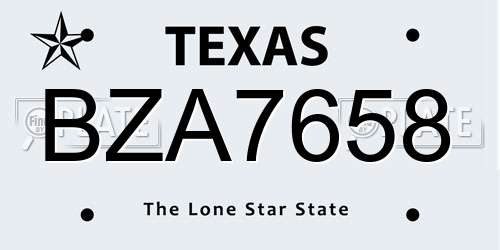 BZA7658 Texas License Plate