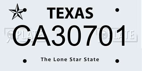 CA30701 Texas License Plate