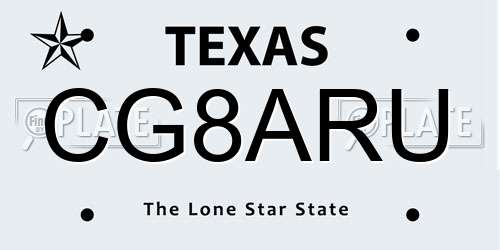 CG8ARU Texas License Plate