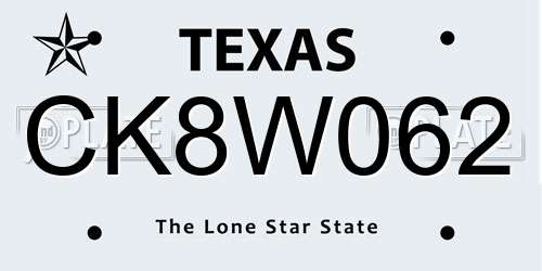 CK8W062 Texas License Plate