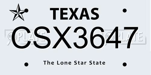 CSX3647 Texas License Plate