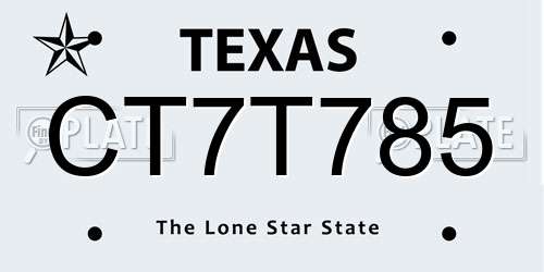 CT7T785 Texas License Plate