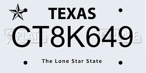 CT8K649 Texas License Plate