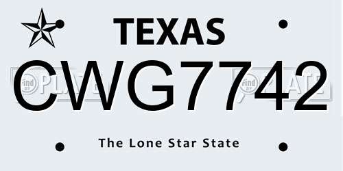 CWG7742 Texas License Plate