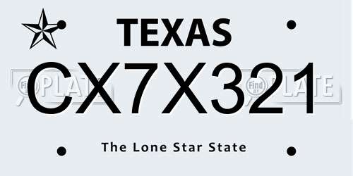 CX7X321 Texas License Plate
