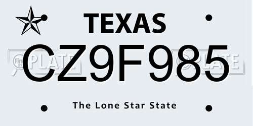 CZ9F985 Texas License Plate