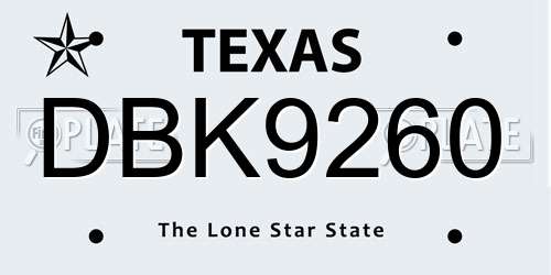 DBK9260 Texas License Plate
