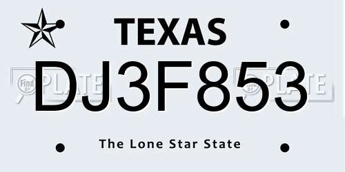 DJ3F853 Texas License Plate