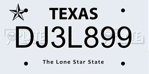 DJ3L899 Texas License Plate