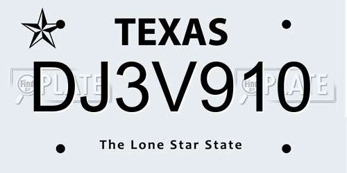 DJ3V910 Texas License Plate