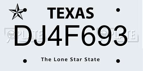 DJ4F693 Texas License Plate