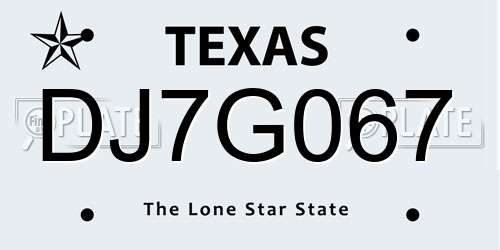 DJ7G067 Texas License Plate