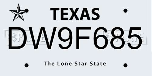 DW9F685 Texas License Plate