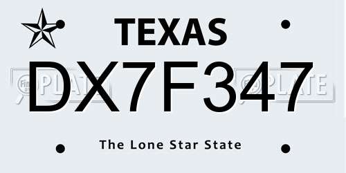 DX7F347 Texas License Plate