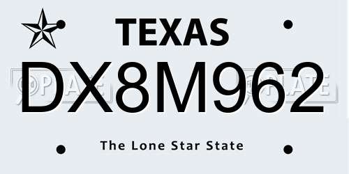 DX8M962 Texas License Plate