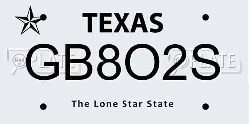 GB8O2S Texas License Plate