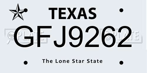 GFJ9262 Texas License Plate