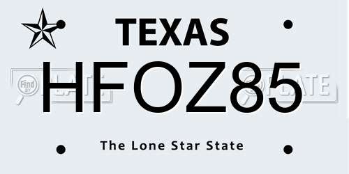 HFOZ85 Texas License Plate