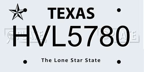 HVL5780 Texas License Plate