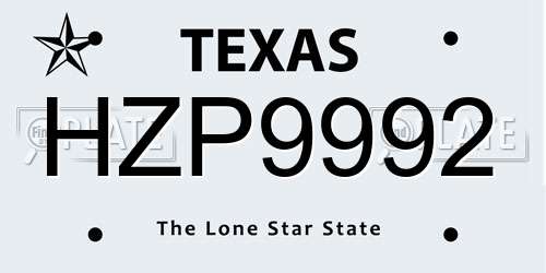 HZP9992 Texas License Plate
