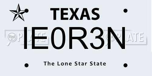 IE0R3N Texas License Plate