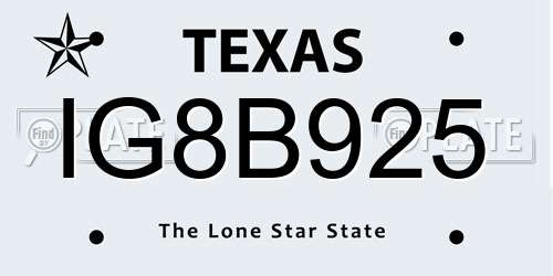 IG8B925 Texas License Plate
