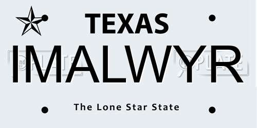 IMALWYR Texas License Plate
