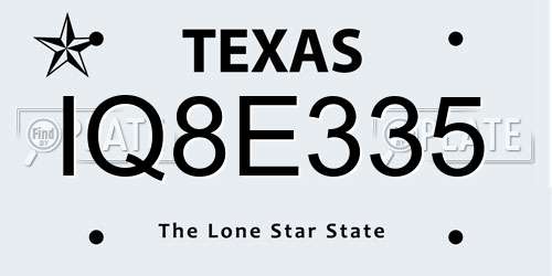 IQ8E335 Texas License Plate