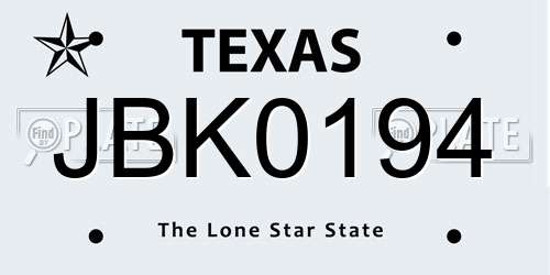 JBK0194 Texas License Plate
