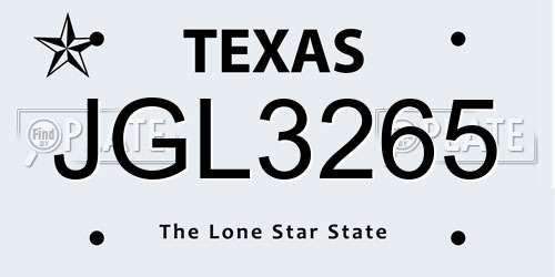 JGL3265 Texas License Plate