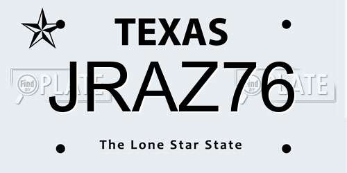 JRAZ76 Texas License Plate